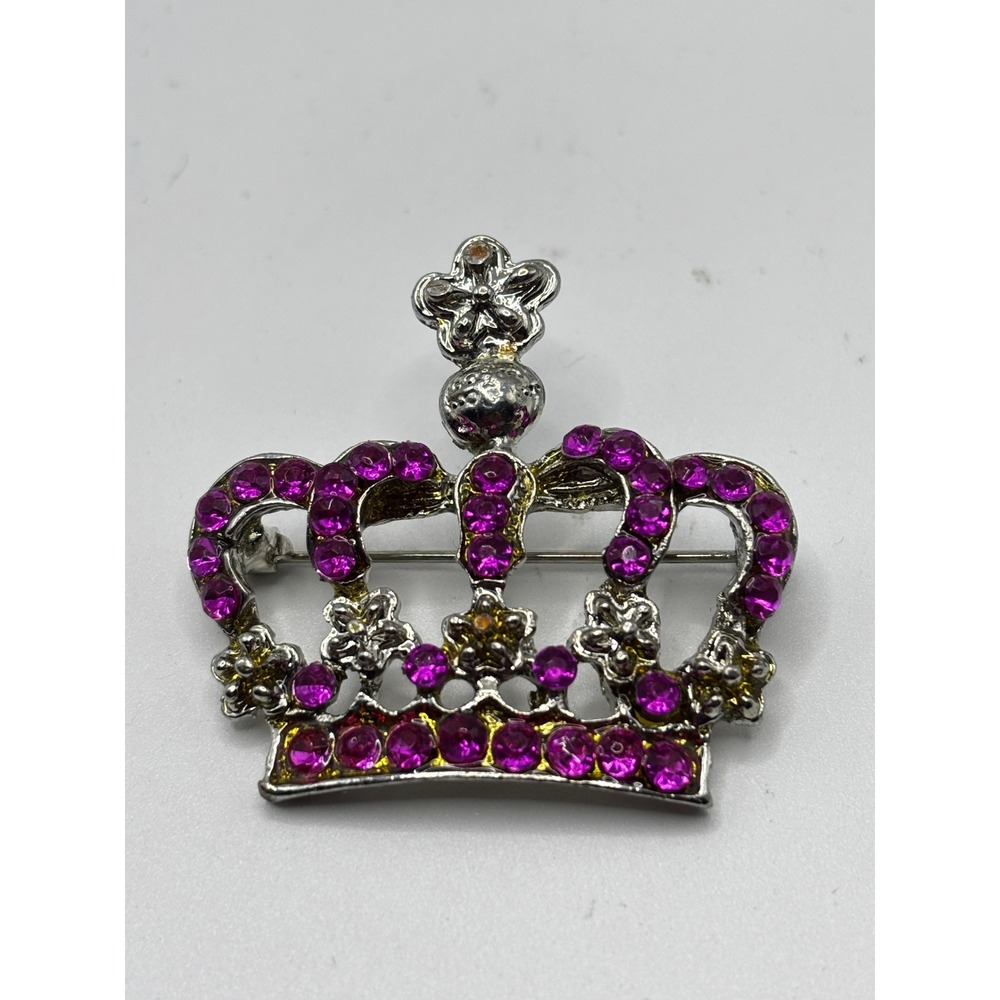Unbranded Crown Brooch Pin Womens OS Pink Silver Tone Rhinestone Regal Royal